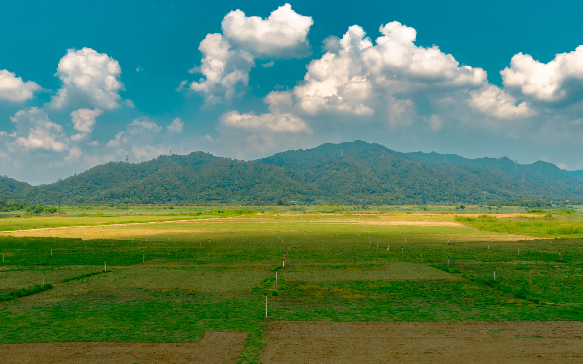 风光，色彩，纪实，抓拍，街拍，胶片，旅行，邓塘洲，大坑山，户外，田野，田园，郊外，野外，郊野，草甸，农田，农业，耕作，山峰，山脉，山体，日光，明亮，明媚，阳光，天气，晴天，晴朗，云彩，蓝天白云，秋天，环境，生态，景观，自然，安静，宁静，静谧，休闲，治愈，悠然，清新，舒适，惬意，怡人，开阔，空旷，地平线，天际线