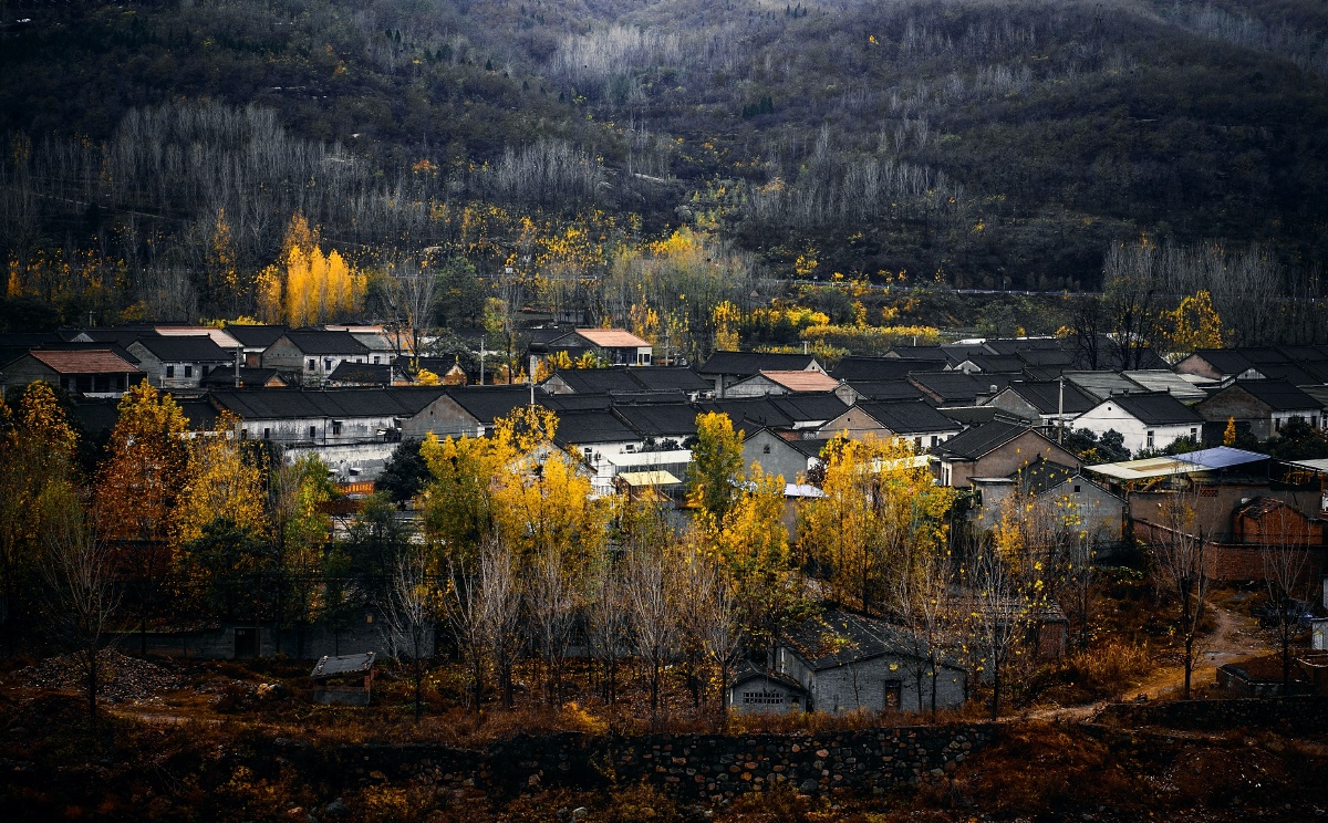 山村一个近景一个远景