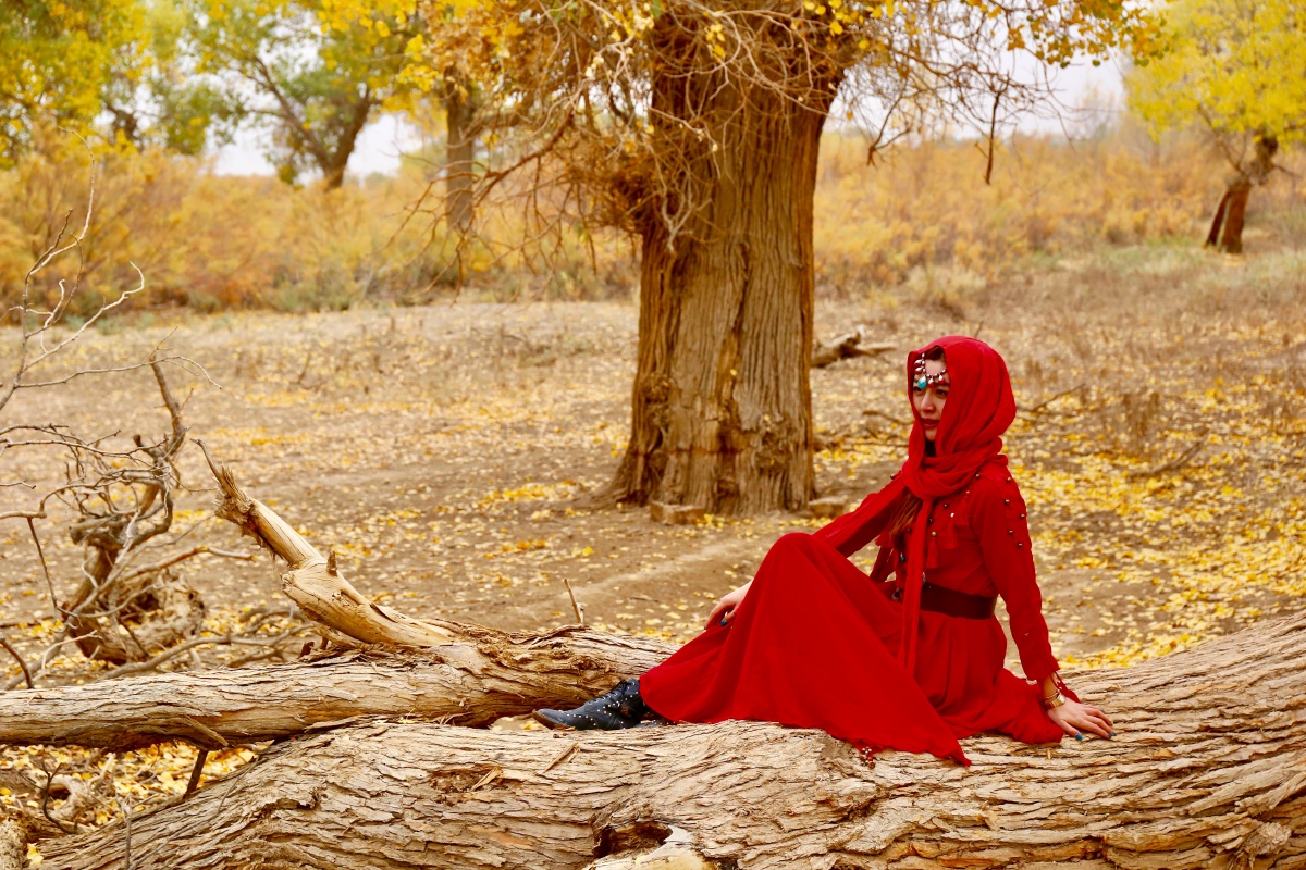 额济纳旗胡杨林与民族风红衣女郎更配哦!
