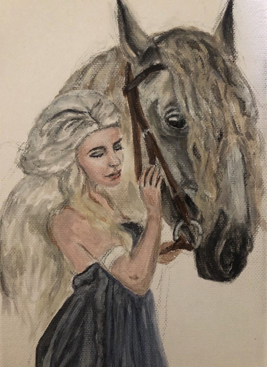 丙烯画少女与马