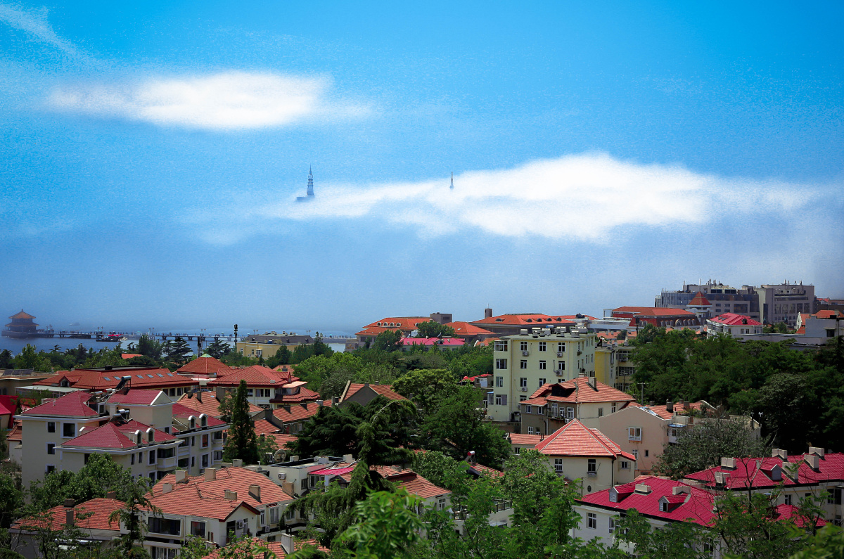 山东青岛信号山公园红瓦绿树