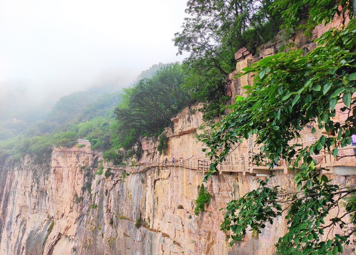 云梯围着那做山在半山坡上修了一条栈道很惊险还很长很好玩