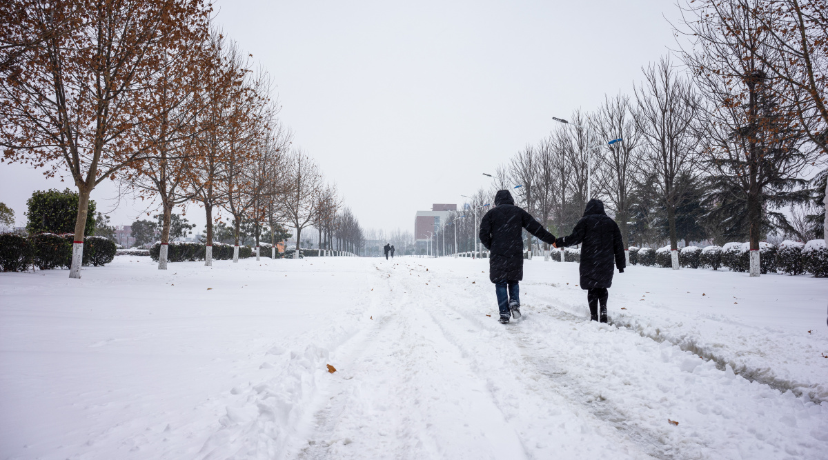 牵手走在雪中的同学们.