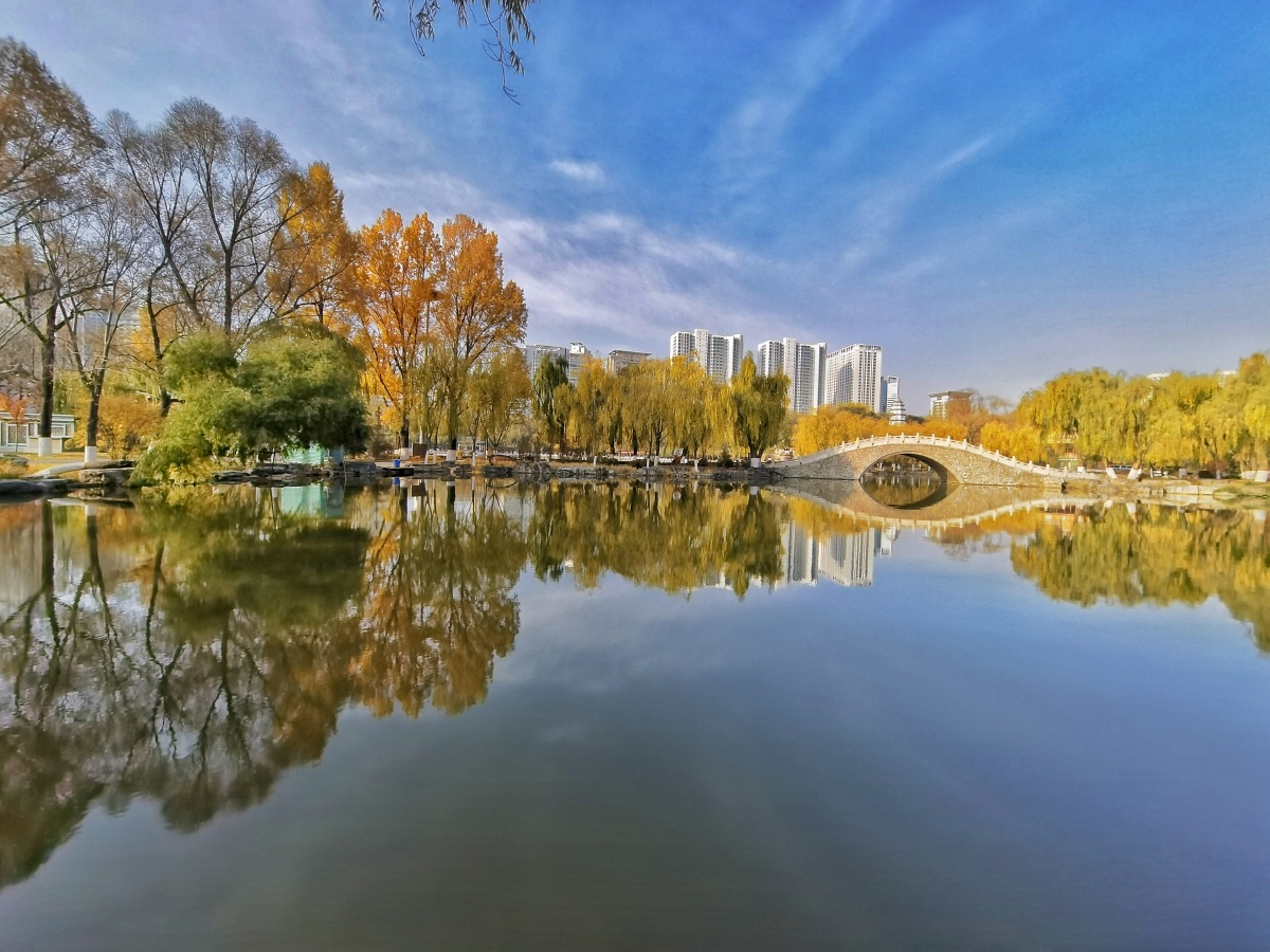 秋日的西宁人民公园风景如画,阳光色调恬淡,湖面平静得像一面明镜