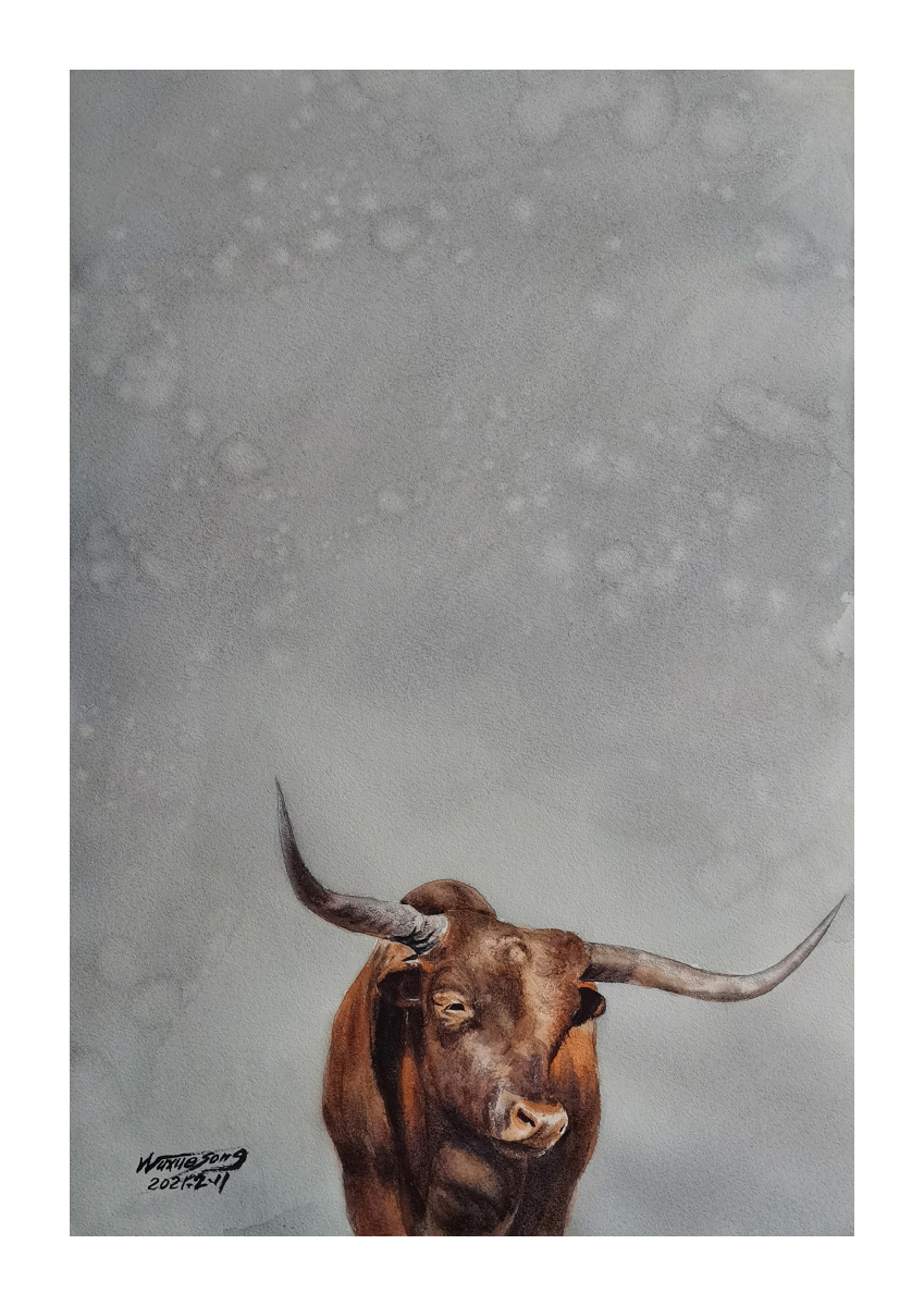 牛水彩画一幅38厘米56厘米牛年画牛祝福大家身体康健阖家幸福万事如意