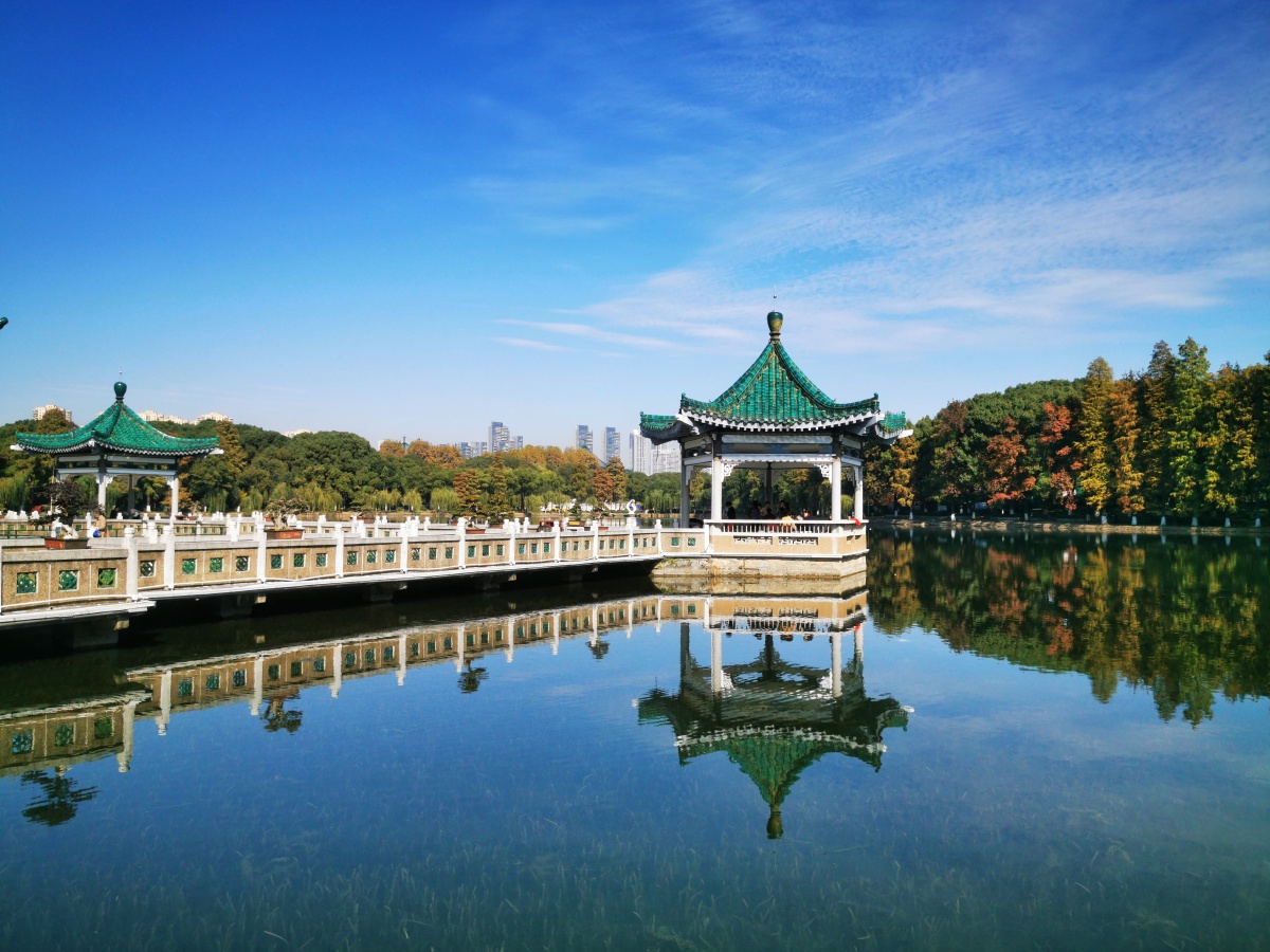 2021年11月15日的武汉东湖梨园风景区之碧潭观鱼沐浴秋风在观鱼栈道上