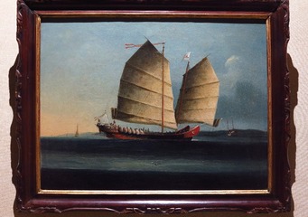 缉私船，1850年，帆布油画，该船为典型的广船造型，广东省博物馆古代文物。