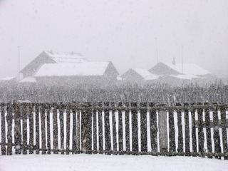 内蒙古额尔古纳市边境村庄太平川，雪中的华俄后裔家庭木刻楞房子。