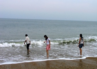 大连市，金石滩海滨浴场，赶海的游人。