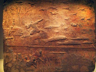 收获渔猎画像砖，东汉，1954年四川成都扬子山出土，中国国家博物馆文物。
