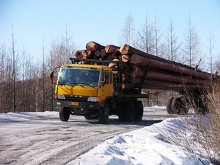 大兴安岭森林冬季，冰雪公路上行驶的运材（运输木材）的卡车。001