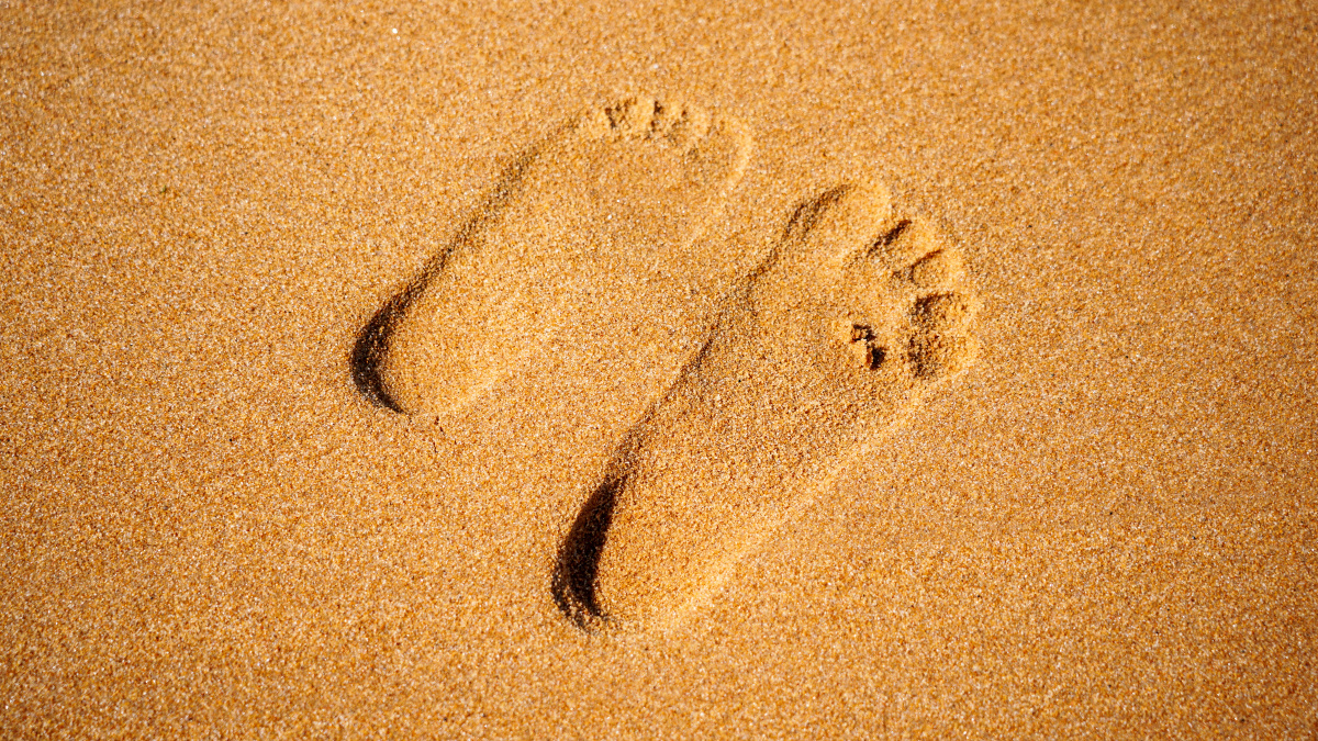 沙滩上父女的脚印