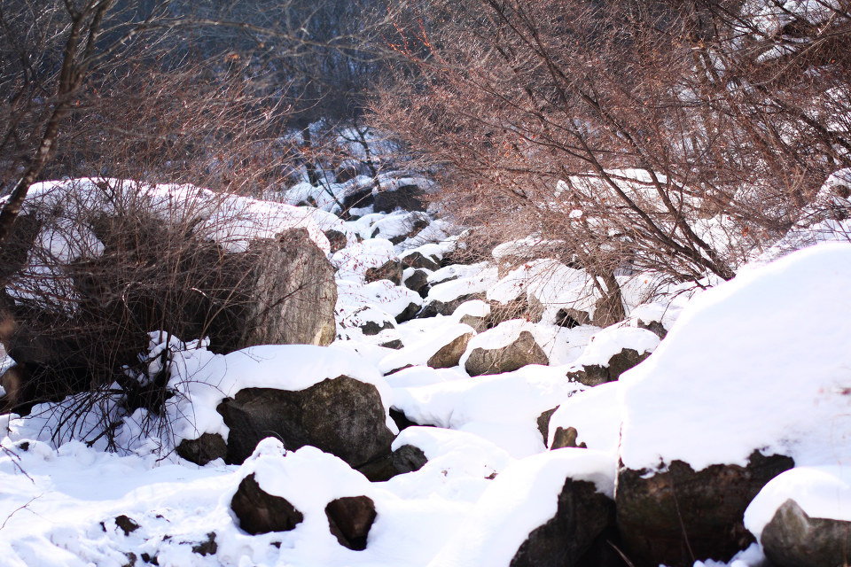 路边雪石 br /> 天仙瀑大小冰壁的分岔路上 穿着白雪的石头