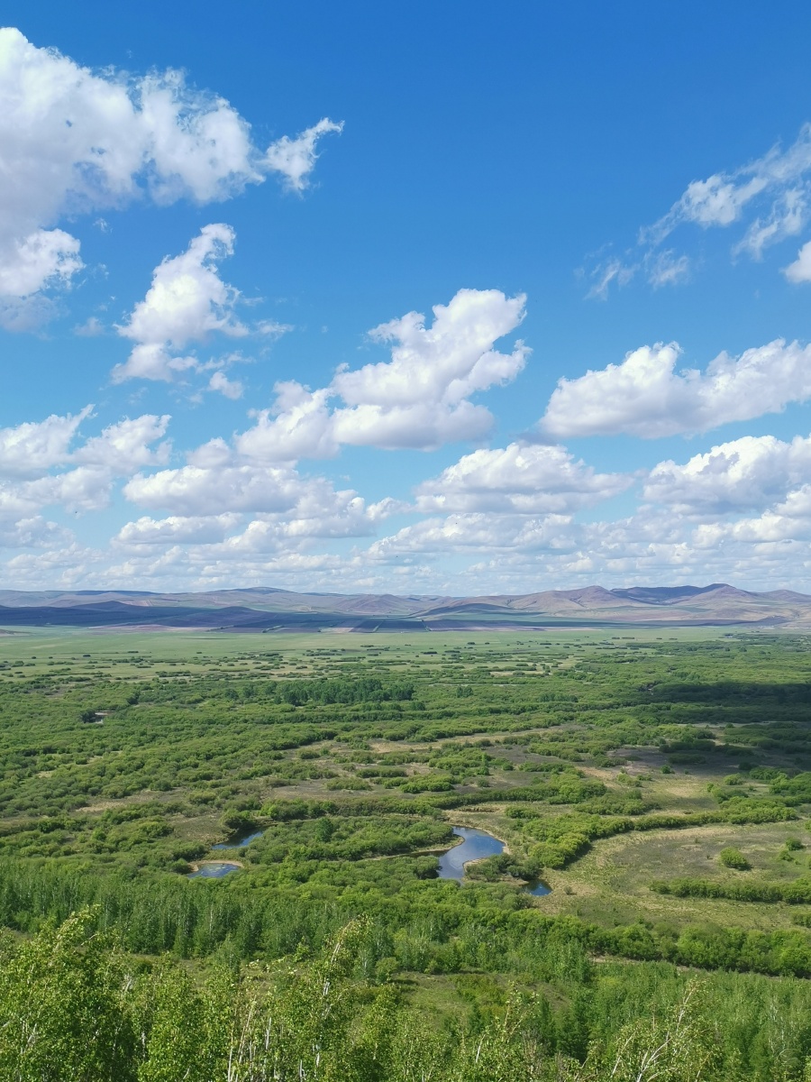 额尔古纳湿地马蹄岛蓝天白云大草原
