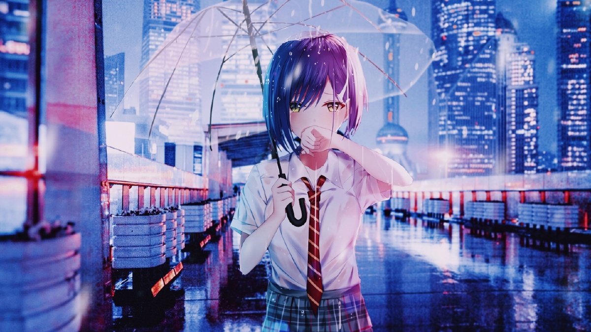 雨天走在繁华街道的伤心少女