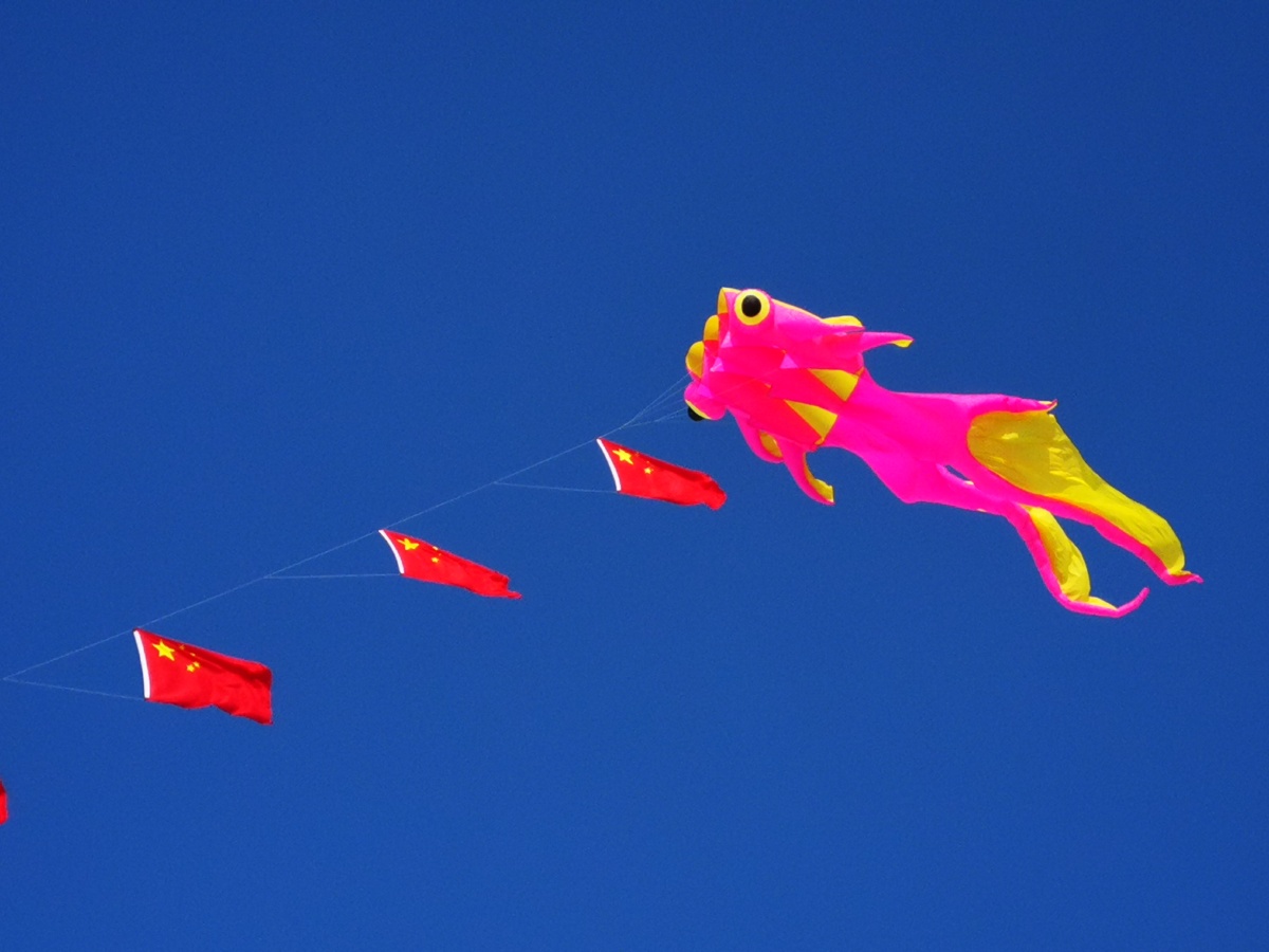 五星红旗迎风飘扬大年初一一位风筝爱好者在松花江哈尔滨市区段冰封的