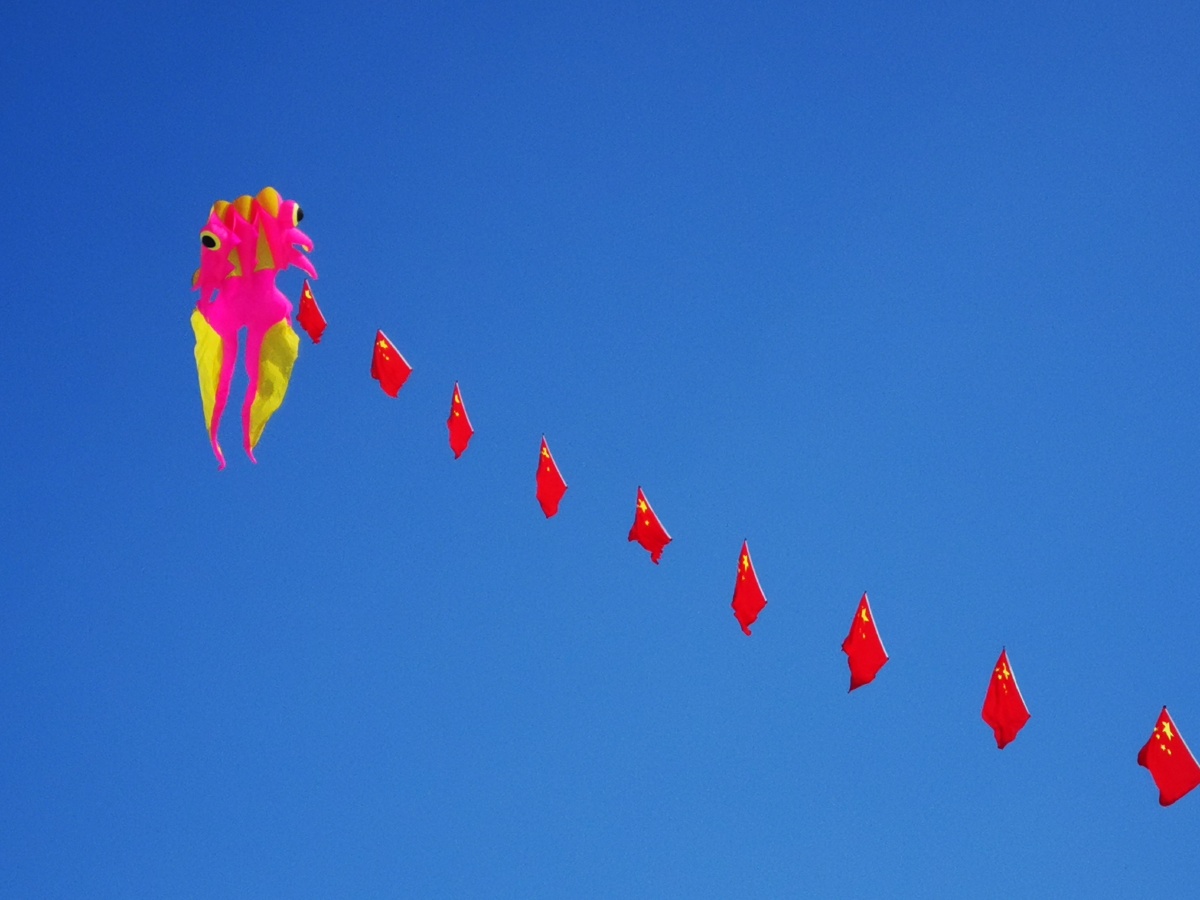 五星红旗迎风飘扬大年初一一位风筝爱好者在松花江哈尔滨市区段冰封的