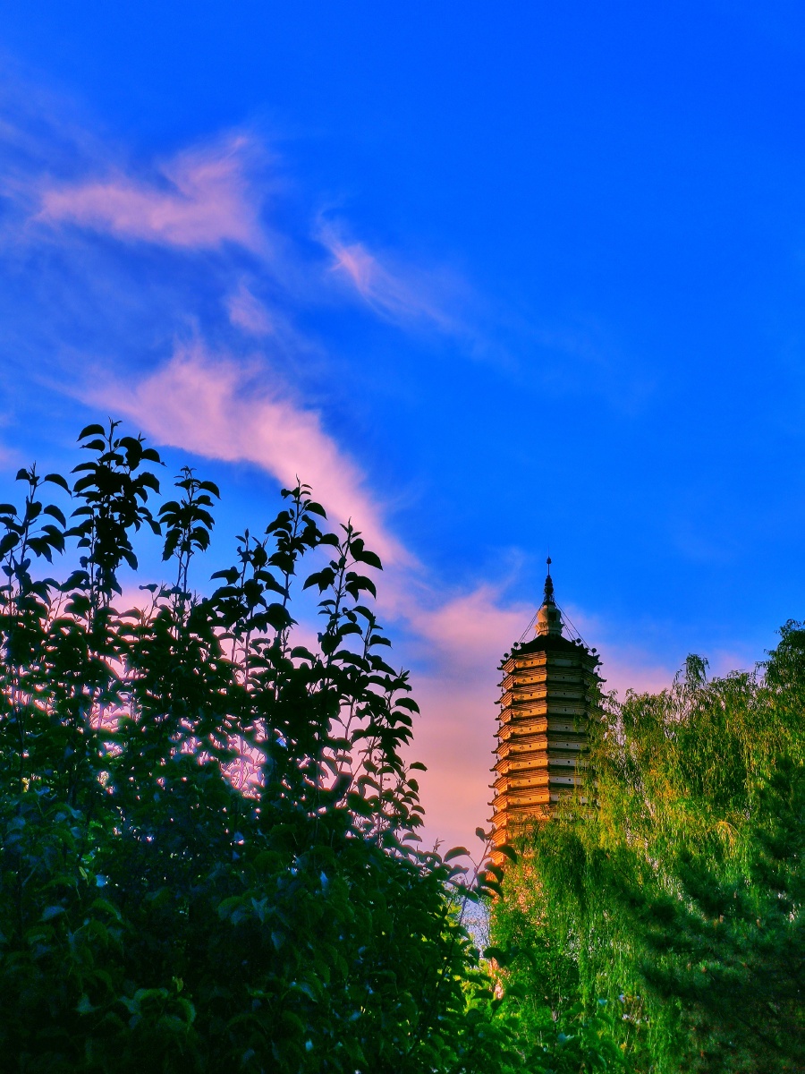 土阜如龙渴饮川,龙头古塔矗千年.夕阳御路惊回首,倒影峥嵘水底天.