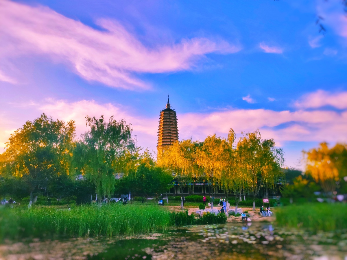 土阜如龙渴饮川,龙头古塔矗千年.夕阳御路惊回首,倒影峥嵘水底天.