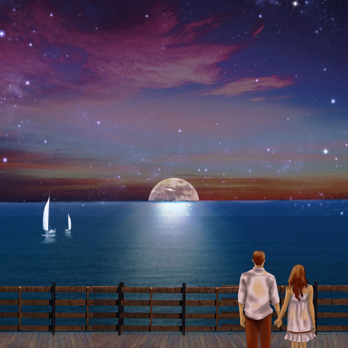 傍晚的海边,恋人手牵着手,以为他们拥有了全世界