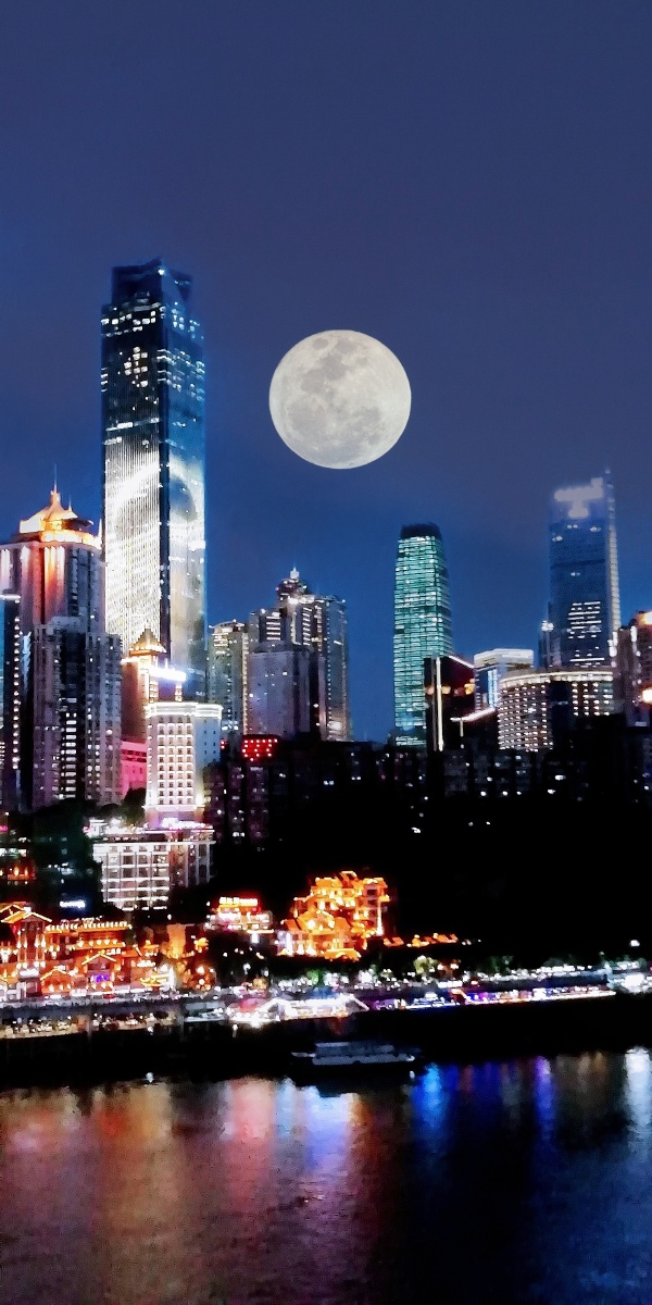 城市夜景城市夜幕明月高照山水之城城市建筑