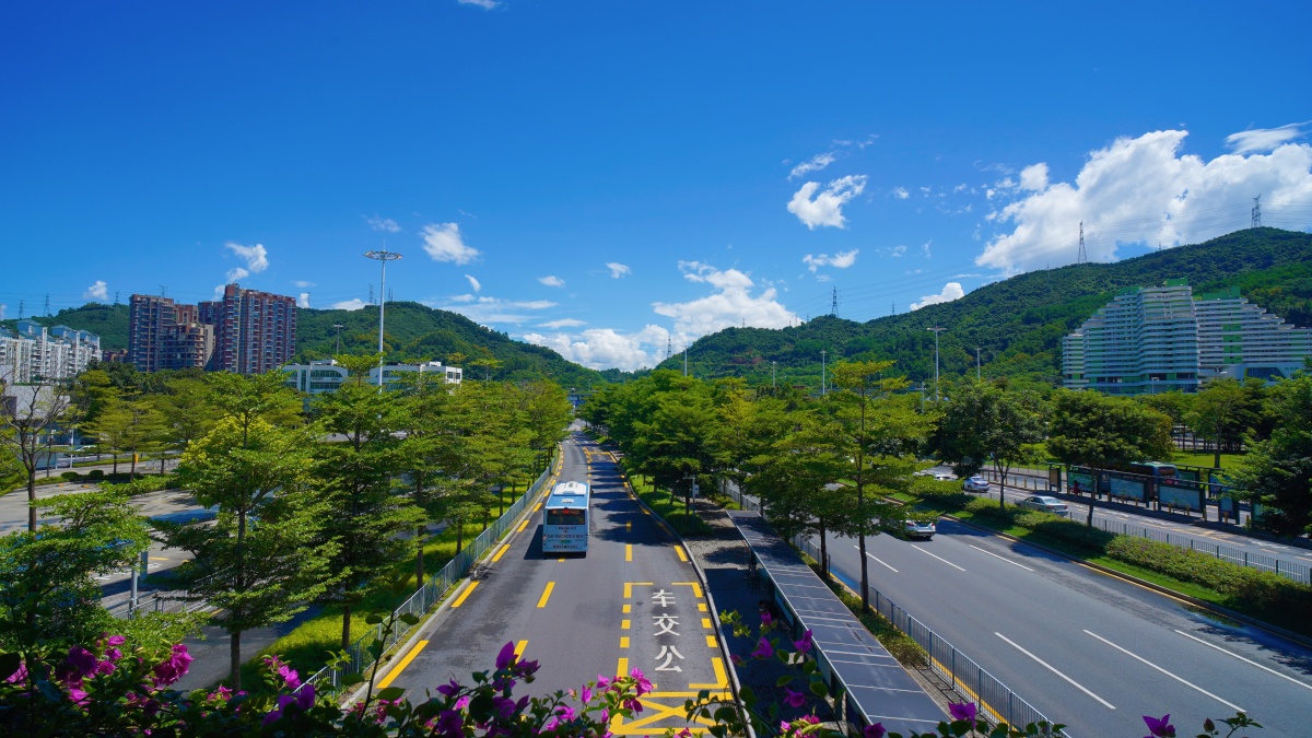 蓝天白云深圳梅林关道路交通公交站公交车