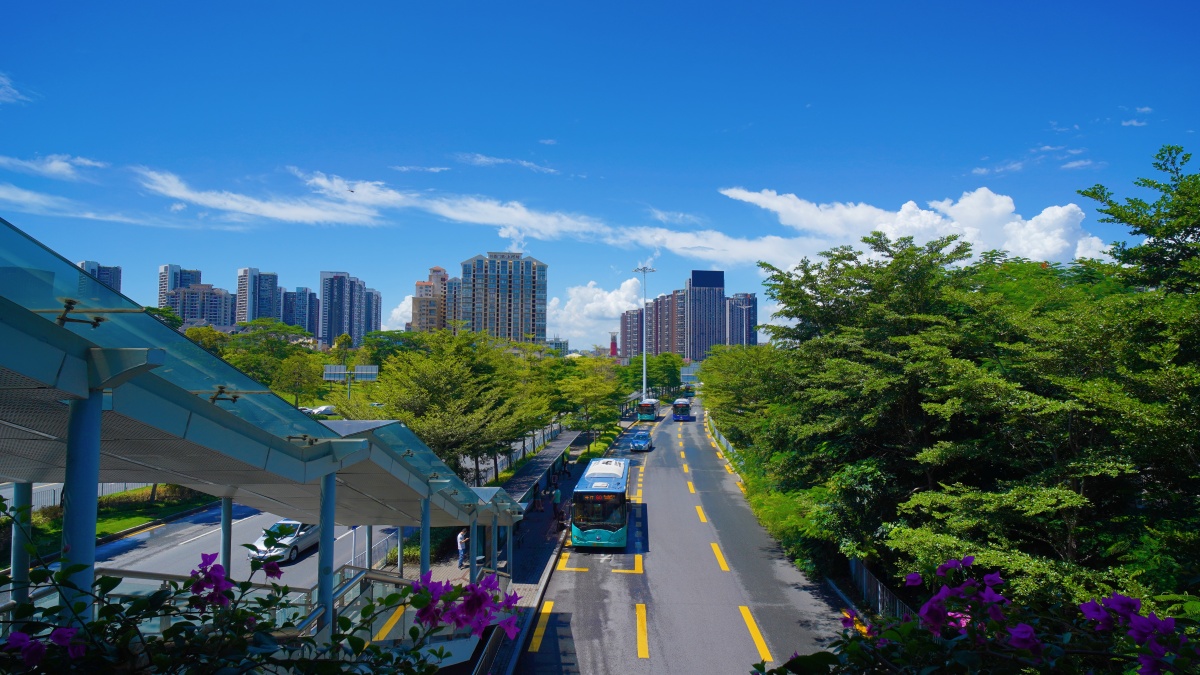 蓝天白云深圳梅林关道路交通公交站公交车