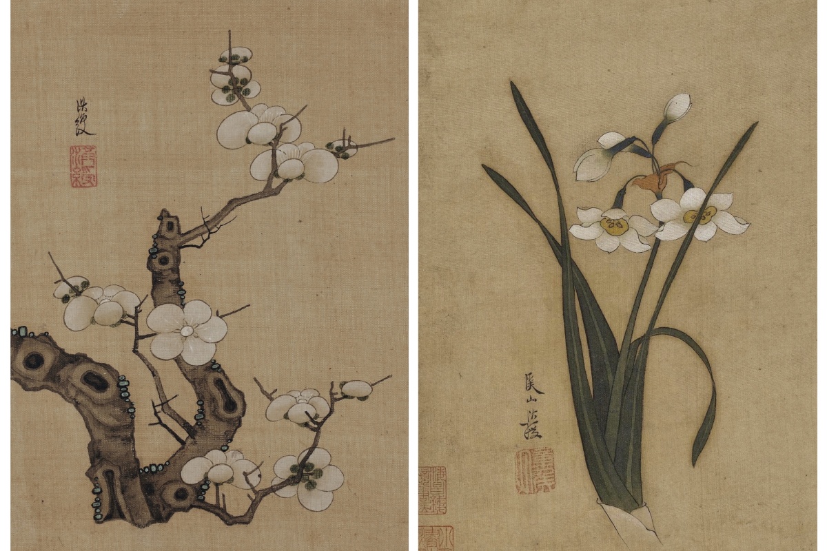 终于完工依陈老莲先生画风做了两款18k金白玉胸针吊坠一款梅花花心