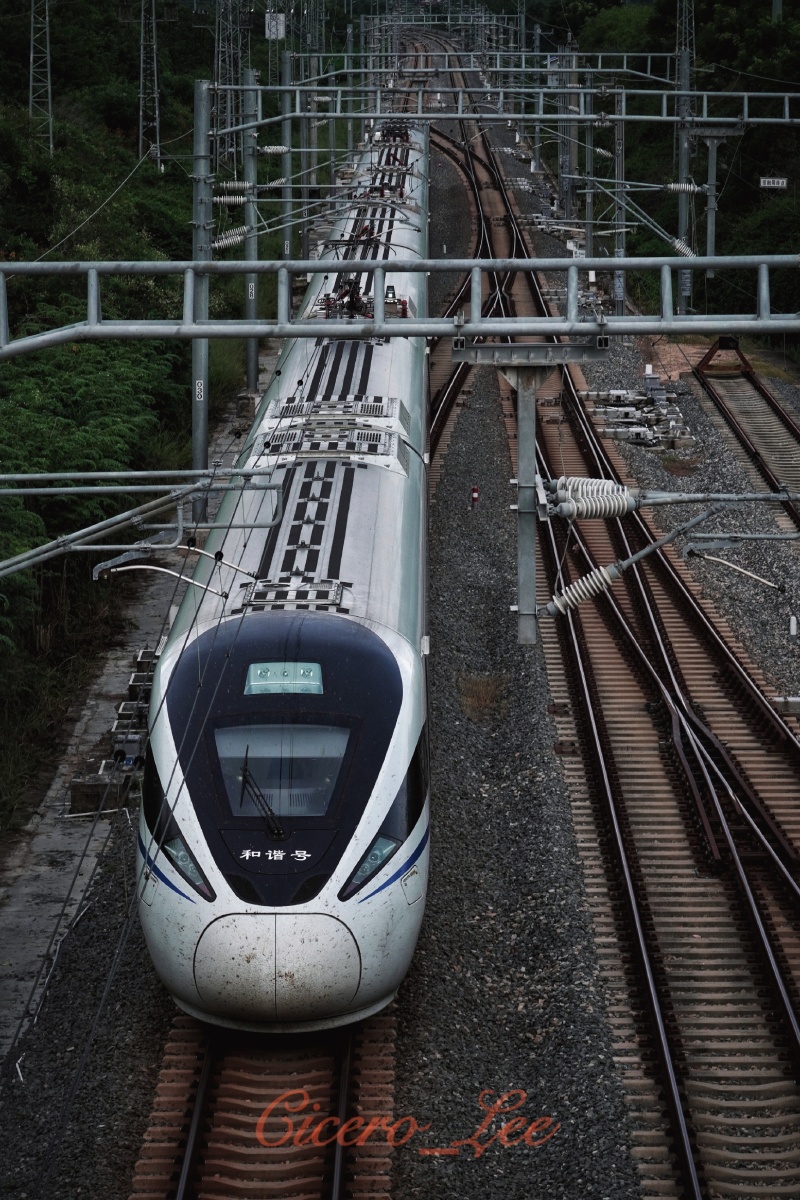 海南环岛高铁东线段缓缓驶离三亚站的crh380d