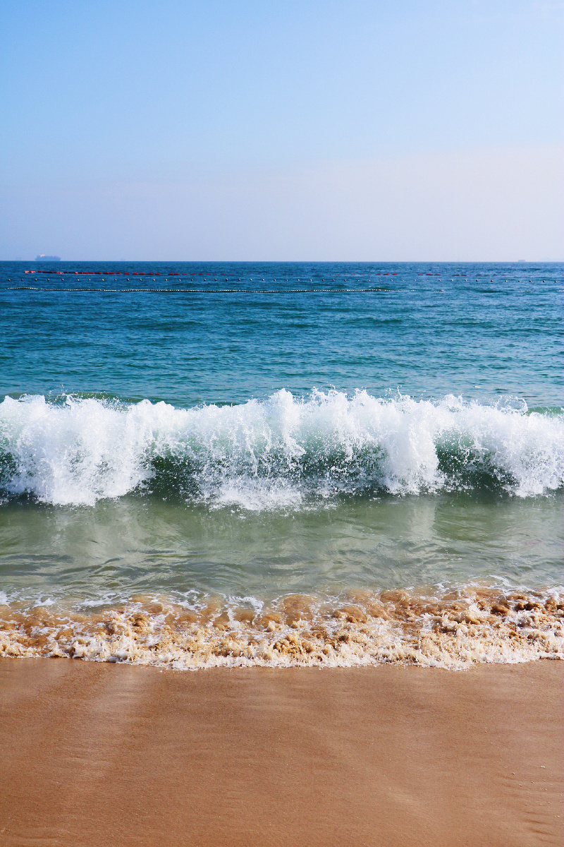 海潮像冲锋的队伍一样,鼓噪着,呐喊着,拼命地冲上沙滩.