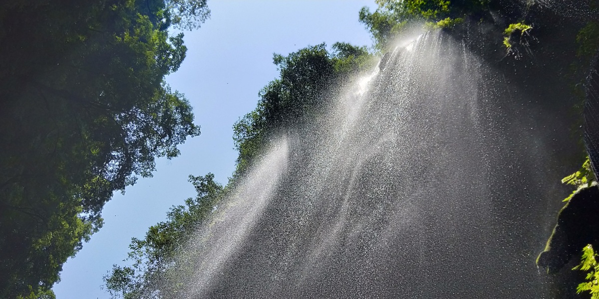 刚开始的雨季峡谷里到处弥漫着水汽望着崖壁上的水瀑沐浴在阳光之下