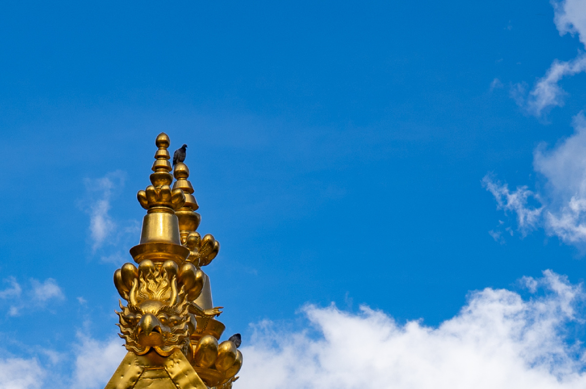 参观山南扎囊县扎央宗溶洞山下的寺庙金顶和横在山涧上的经幡