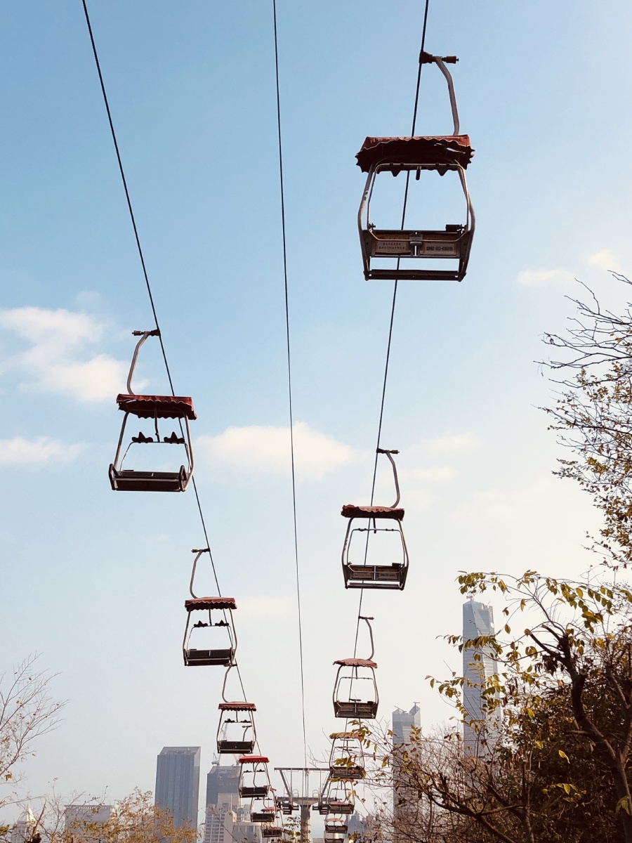 太平山索道人在吊椅上远眺山海天相连俯瞰红瓦绿树碧海蓝天的青岛