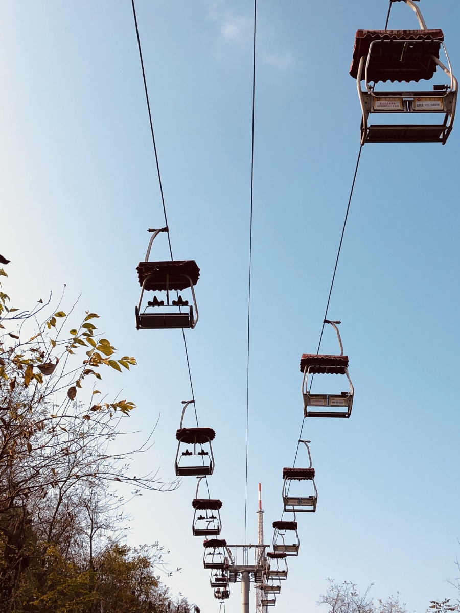 太平山索道人在吊椅上远眺山海天相连俯瞰红瓦绿树碧海蓝天的青岛
