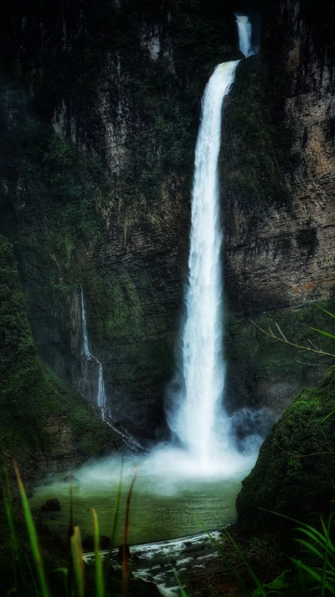 尖朵朵瀑布雨给河拭泪云给山抚慰瀑布贴着悬崖飞极为壮观山感觉挺好