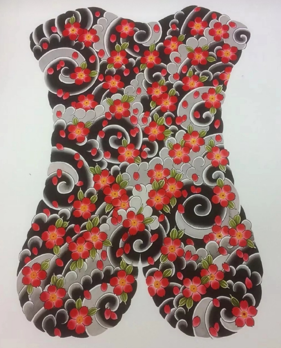 樱花满背纹身手稿