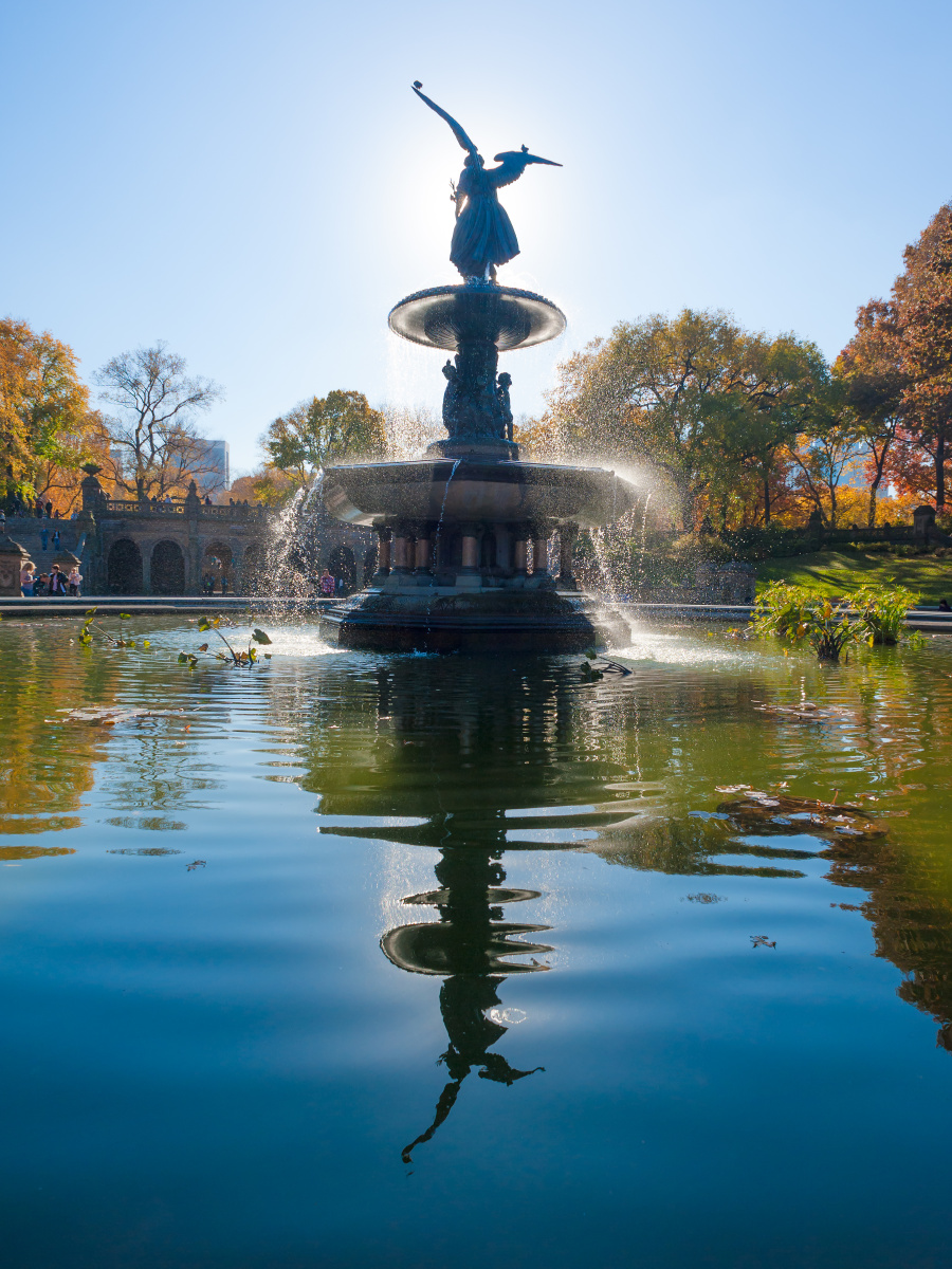 bethesda fountain against sun