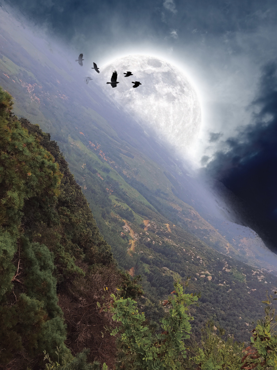 一览无余,暗月当空.