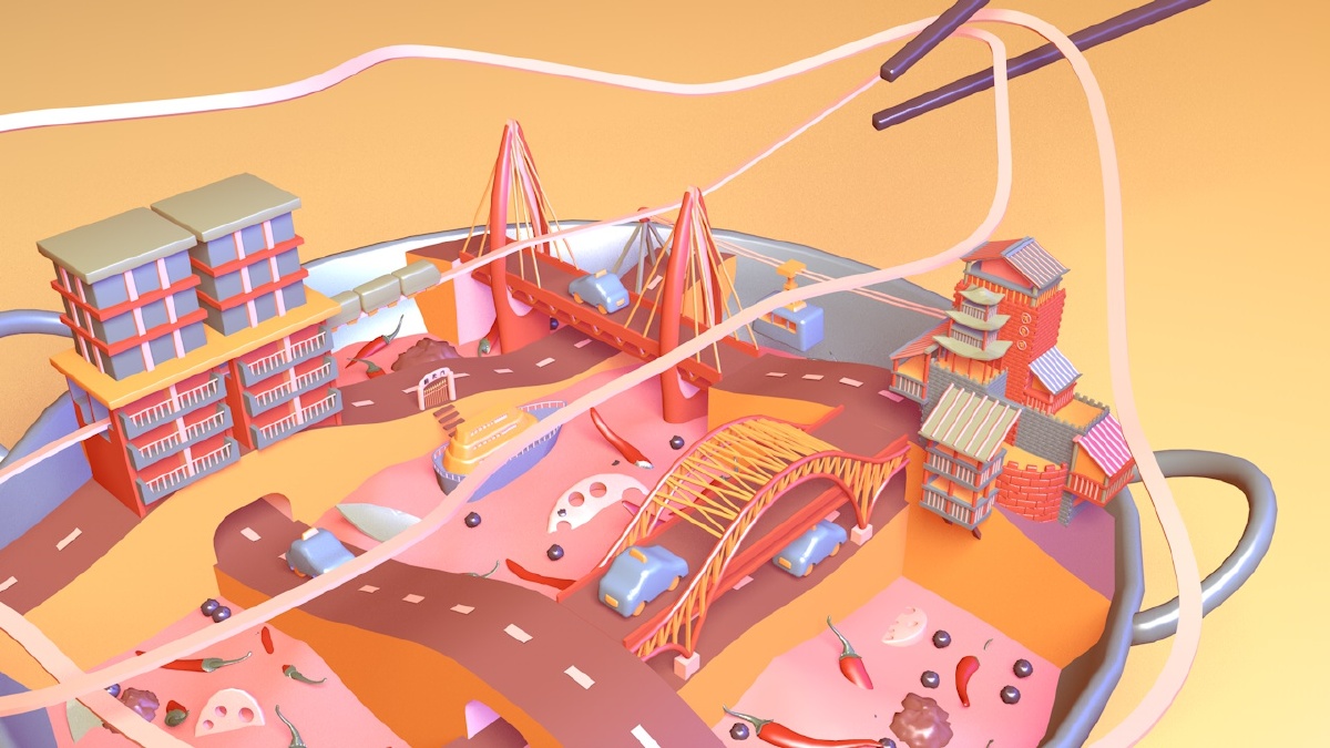 c4d建模火锅上的城市重庆