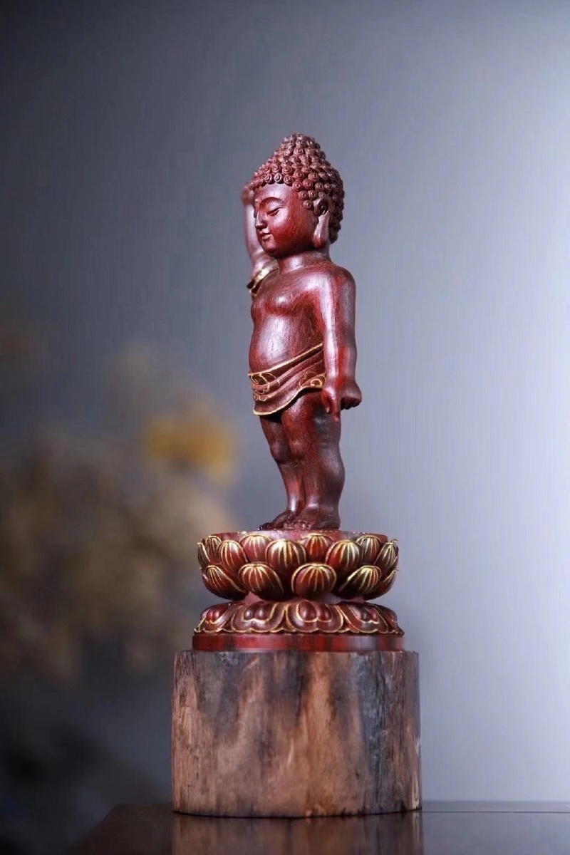 印度小叶紫檀太子佛一手指天一手指地天上地下唯我独尊老料制真金描绘