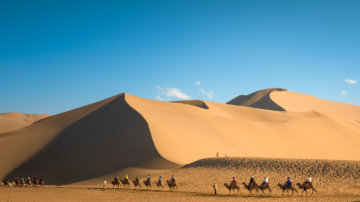 鸣沙山月牙泉千年不变的沙漠和骆驼仿佛抹平了时间的皱褶让人穿越历史