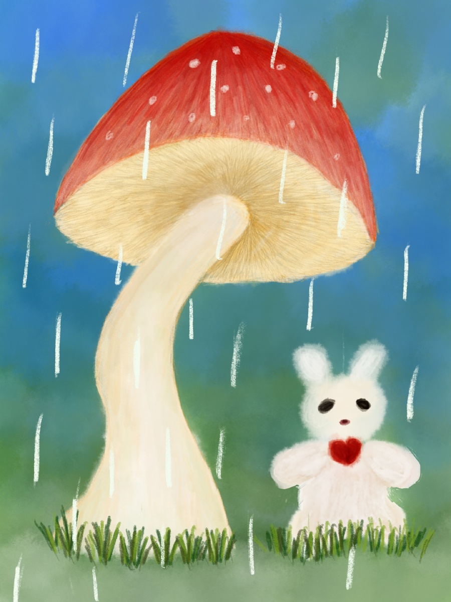 下雨天的红蘑菇和小兔子一颗爱心送给你和我
