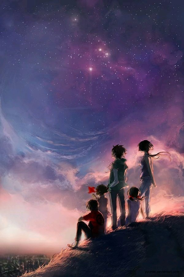 星空,背影五个人,绘画