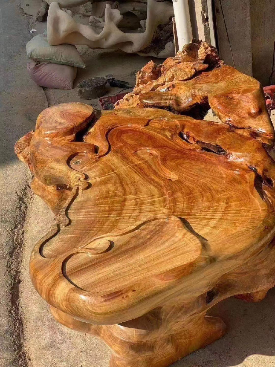 精品老香樟木茶台整体无拼接爆满金丝花纹色色独特根位造型好整体大方