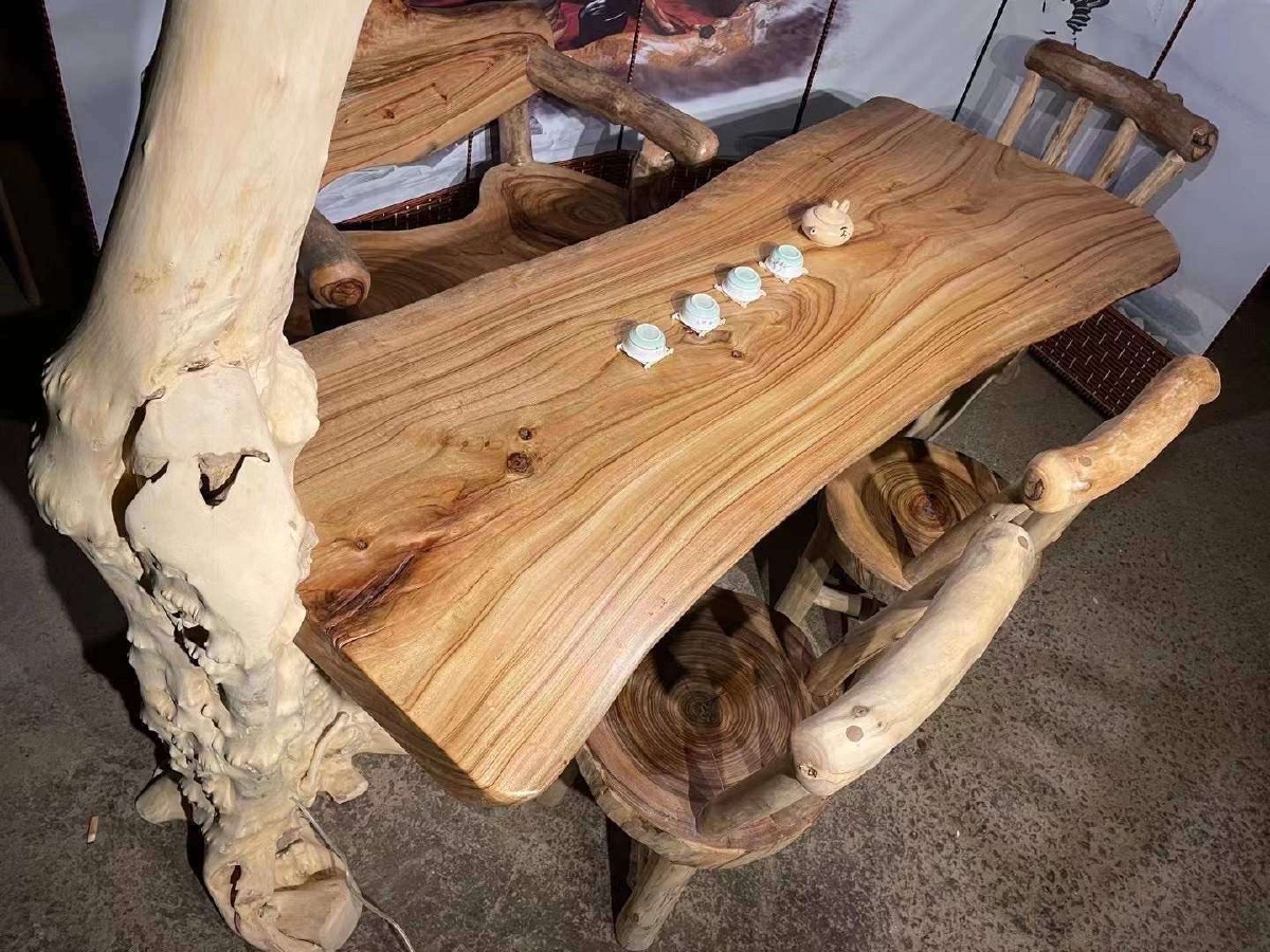 精品老樟木茶桌七件套茶桌长宽高2107873厘米灯架高255板厚8底座高65