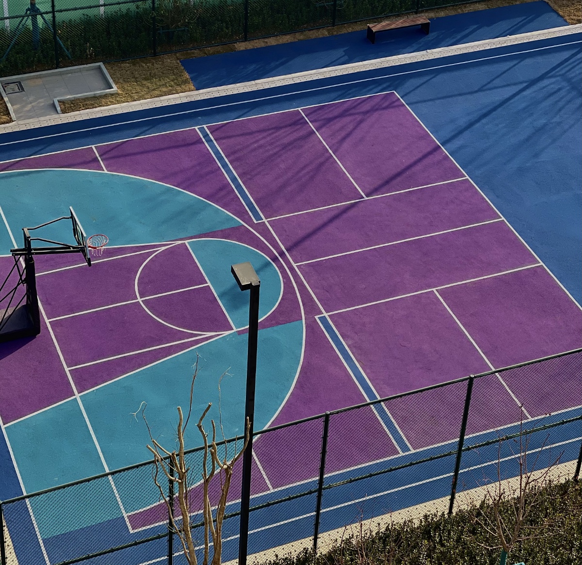 蓝紫色的篮球场在萧瑟的冬天给生活增添一些热菜