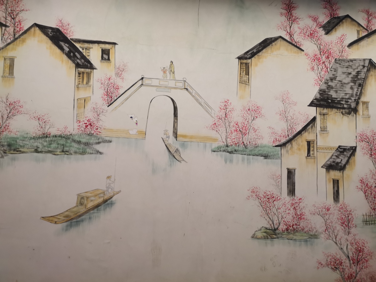 江南水乡风景版画 捕鱼归来 家人桥上等待