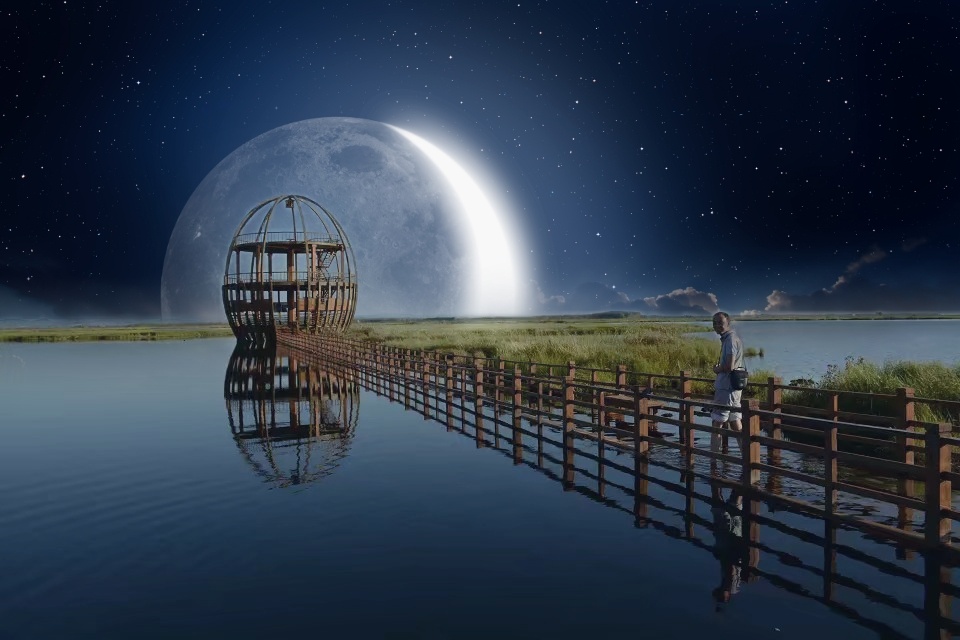 千鸟湖边冷月钩,天界仙境凡世有,嫦娥回宫忘归路,举杯相约桂花酒.