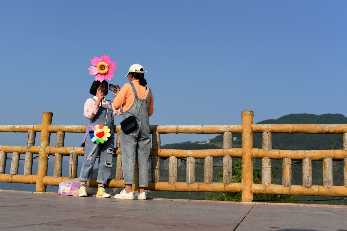 秋天公园两个人交流花朵栏杆