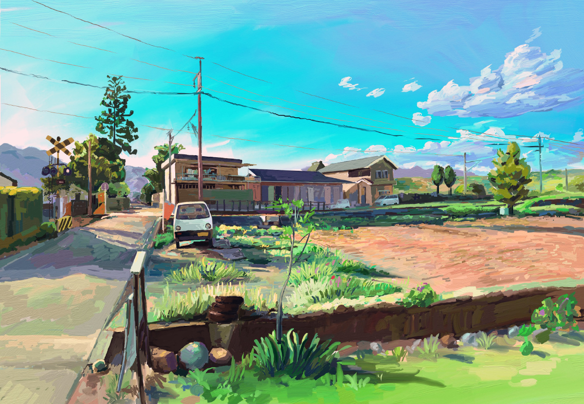 纯手绘乡村街景油画